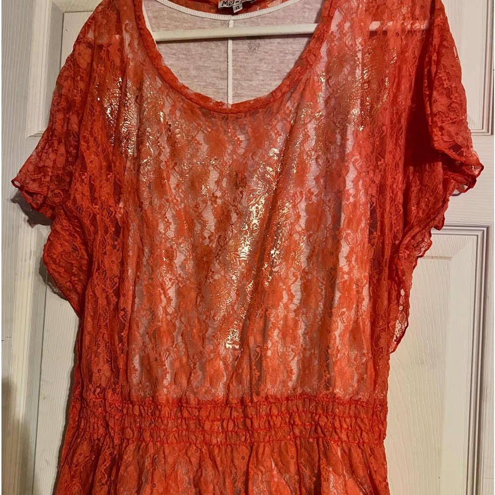 🍉orange lace top‎ sheer & tank metallic floral print short sleeve bohemian